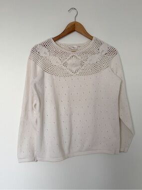 Vintage Cream Crochet Yoke Scoop Neck Sweater